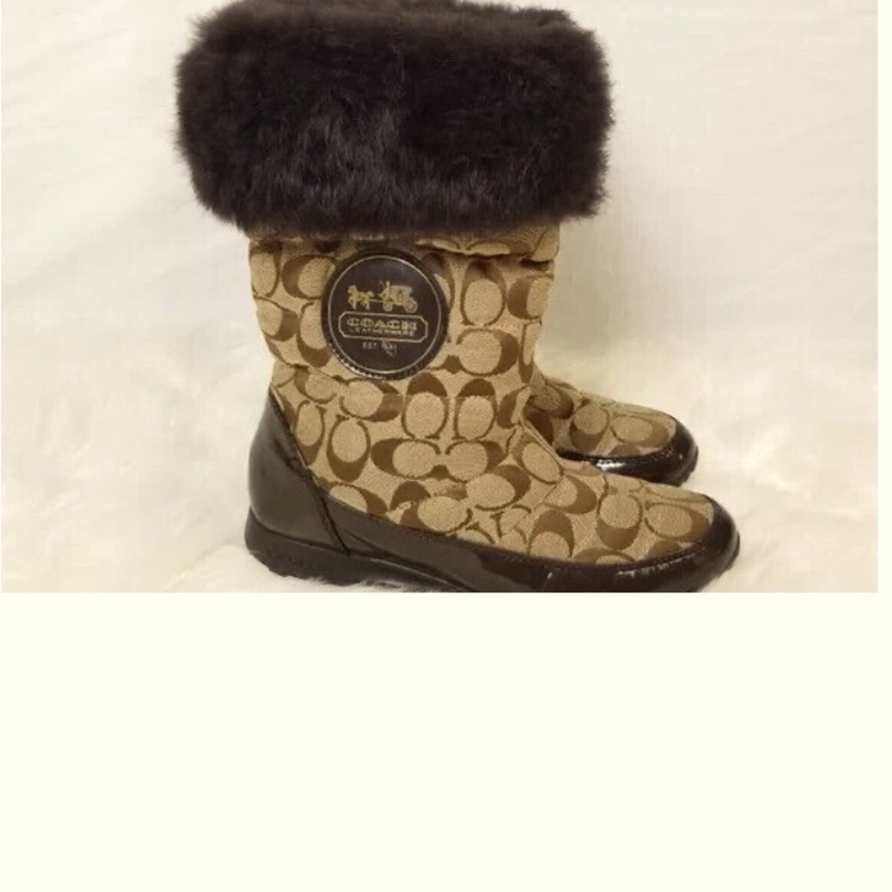 Coach Brown Logo Print Fur-Trim Rain Boots